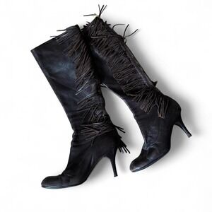 Vintage‎ Lanvin River 2005 Fringe Dark Brown leather heel knee high boots sz 39
